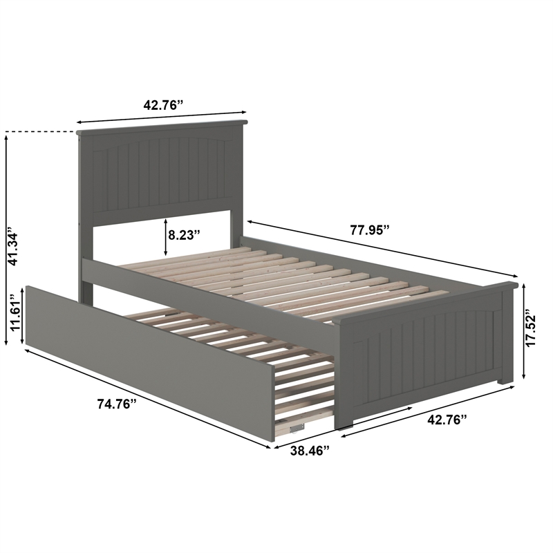 Nantucket Twin Platform Bed with Matching Footboard and Twin Trundle in Grey