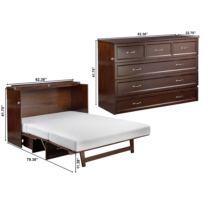 Deerfield Queen Solid Wood Modern Murphy Bed Chest with Mattress in Walnut