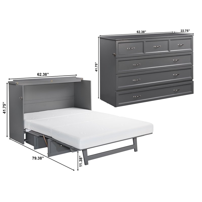 Deerfield Queen Solid Wood Modern Murphy Bed Chest with Mattress in Gray