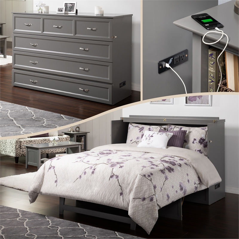 Deerfield Queen Solid Wood Modern Murphy Bed Chest with Mattress in Gray