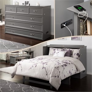 Deerfield Queen Solid Wood Modern Murphy Bed Chest with Mattress in Gray