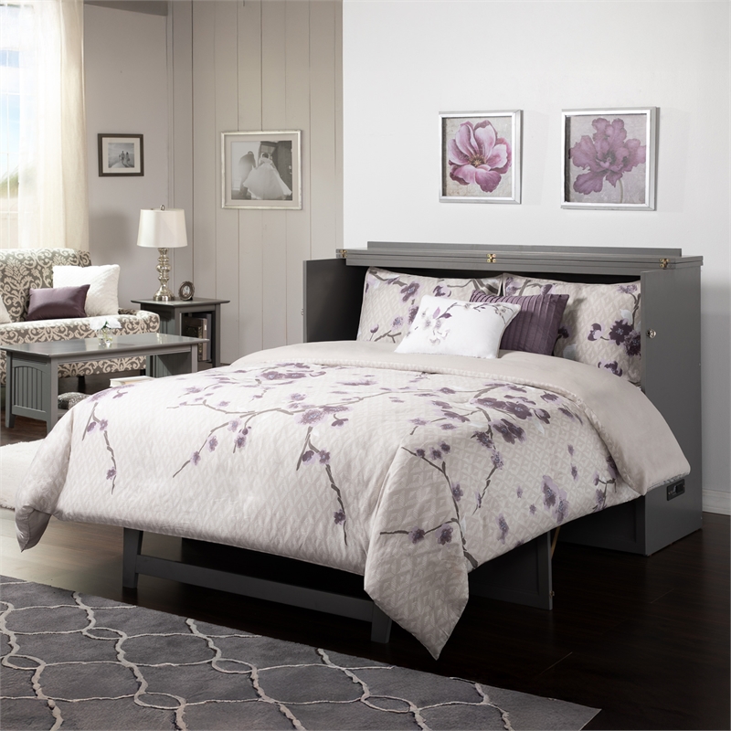 Deerfield Queen Solid Wood Modern Murphy Bed Chest with Mattress in Gray