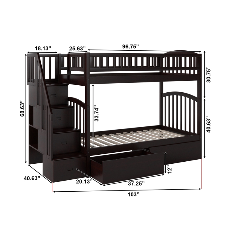 AFI Westbrook Wood Staircase Storage Bunk Twin Over Twin in Espresso