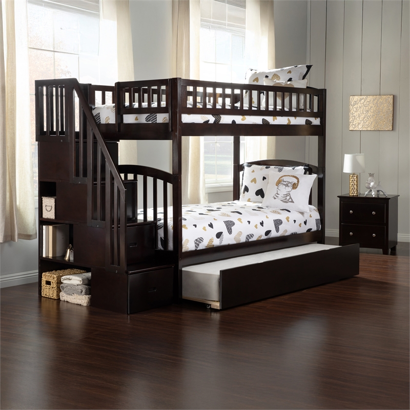AFI Westbrook Wood Staircase Bunk Twin Over Twin with Twin Trundle in Espresso