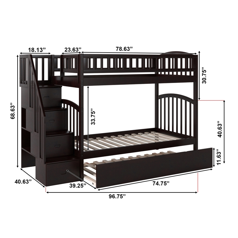 AFI Westbrook Wood Staircase Bunk Twin Over Twin with Twin Trundle in Espresso