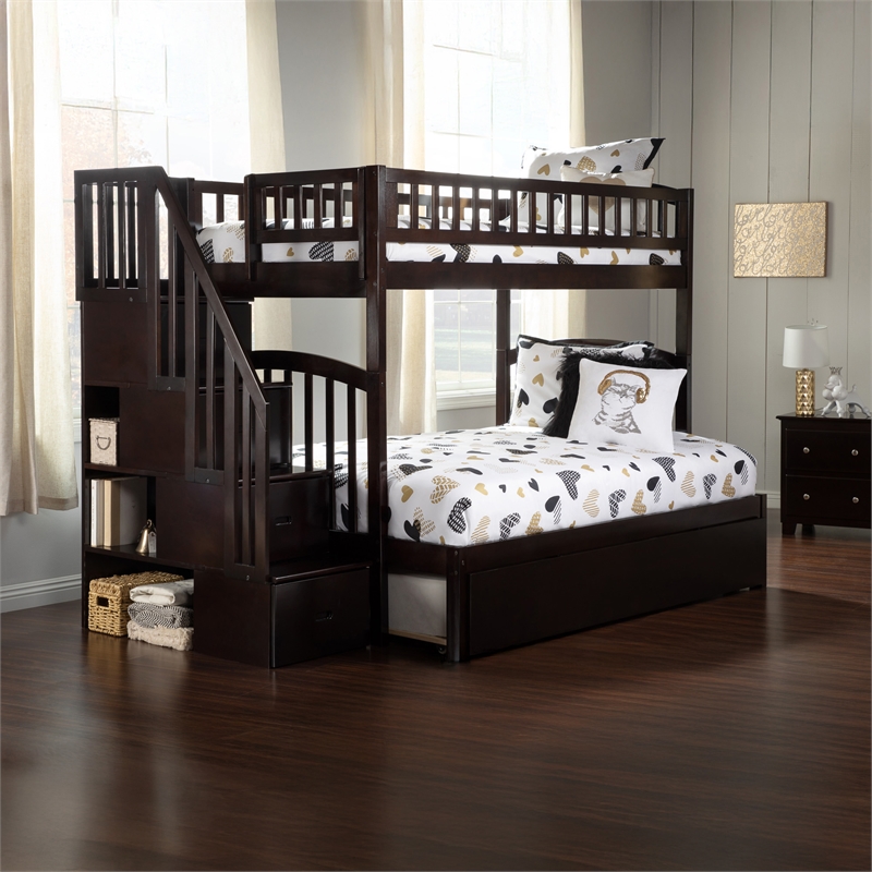 AFI Westbrook Wood Staircase Bunk Twin Over Full with Twin Trundle in Espresso