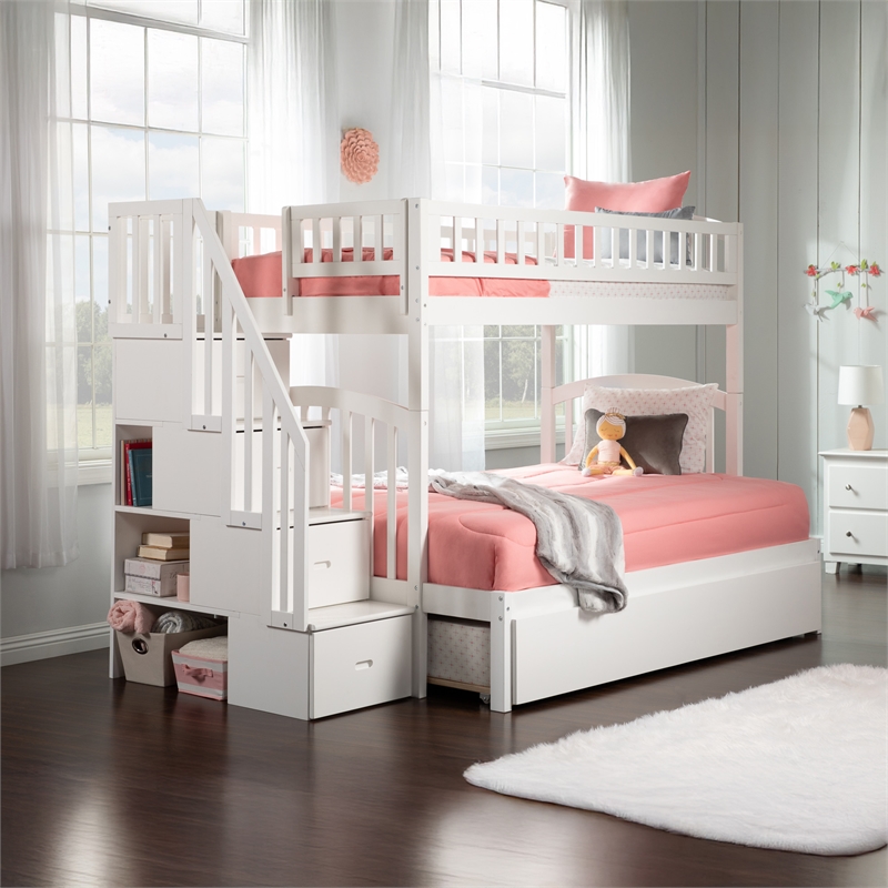 AFI Westbrook Wood Staircase Bunk Twin Over Full with Twin Trundle in White