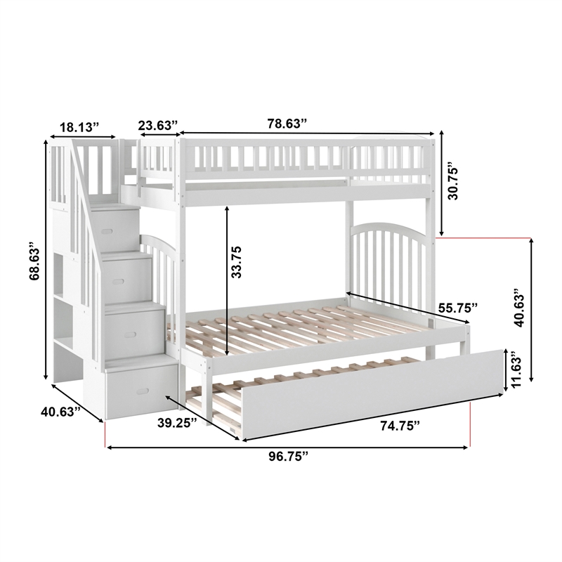AFI Westbrook Wood Staircase Bunk Twin Over Full with Twin Trundle in White