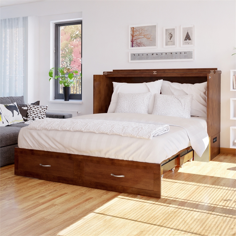 AFI Hamilton Queen Solid Wood Murphy Bed Chest with Mattress in Walnut