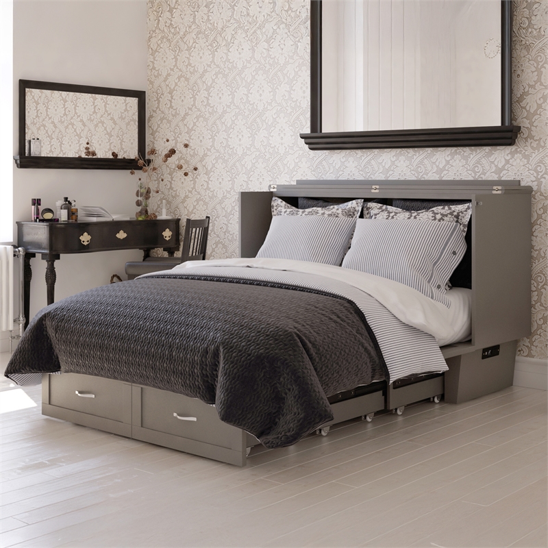 Monroe Queen Wood Murphy Bed Chest with Mattress & Charging Station in Gray