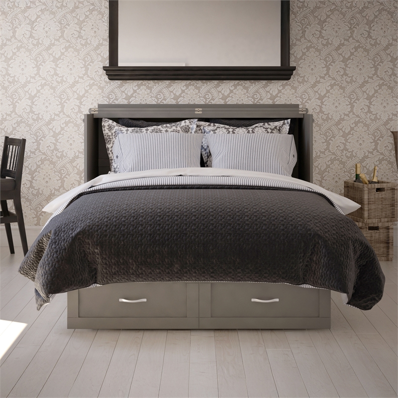 Monroe Queen Wood Murphy Bed Chest with Mattress & Charging Station in Gray