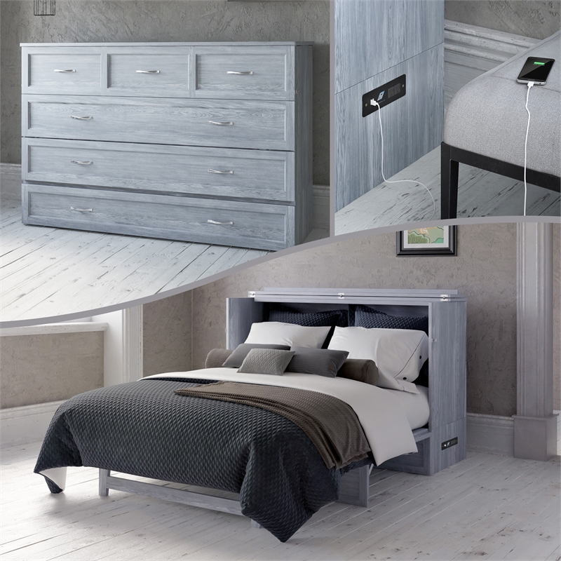 Deerfield Queen Solid Wood Modern Murphy Bed Chest with Mattress in Driftwood