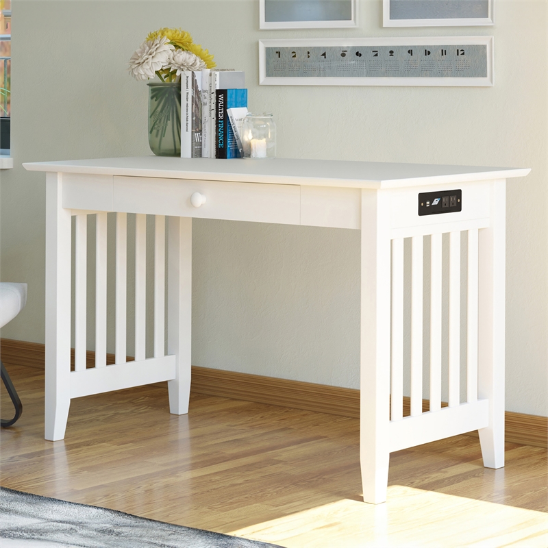 AFI Mission Solid Wood Writing Desk with Built-In Charger in White