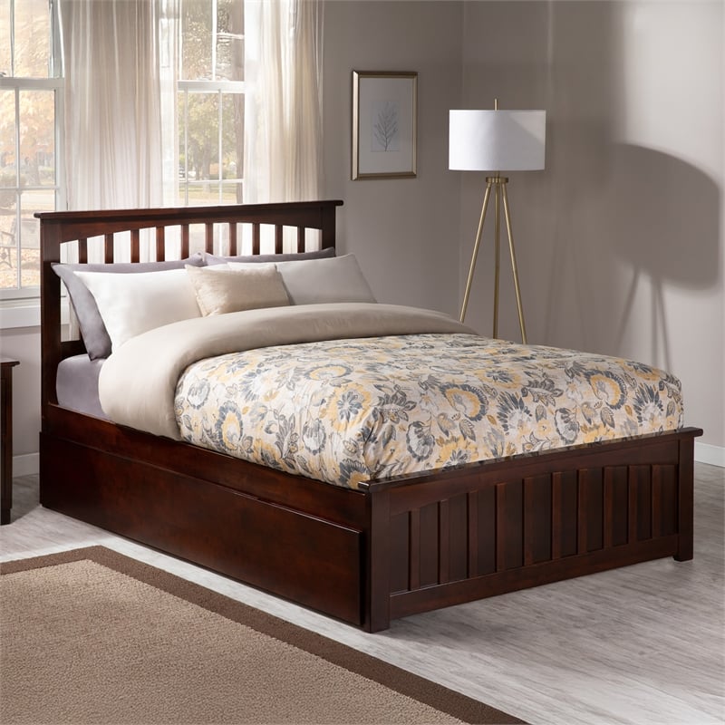 Mission Full Wood Platform Bed with Matching Footboard & Full Trundle in Walnut