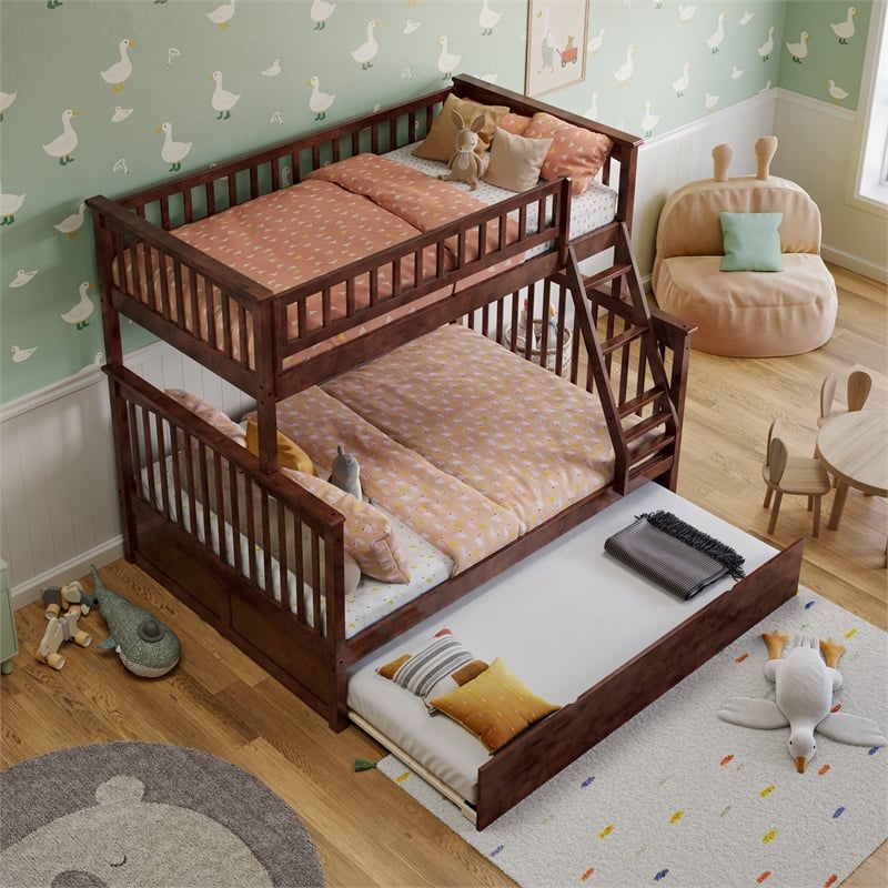 AFI Columbia Twin over Full Solid Wood Bunk Bed with Trundle in Walnut