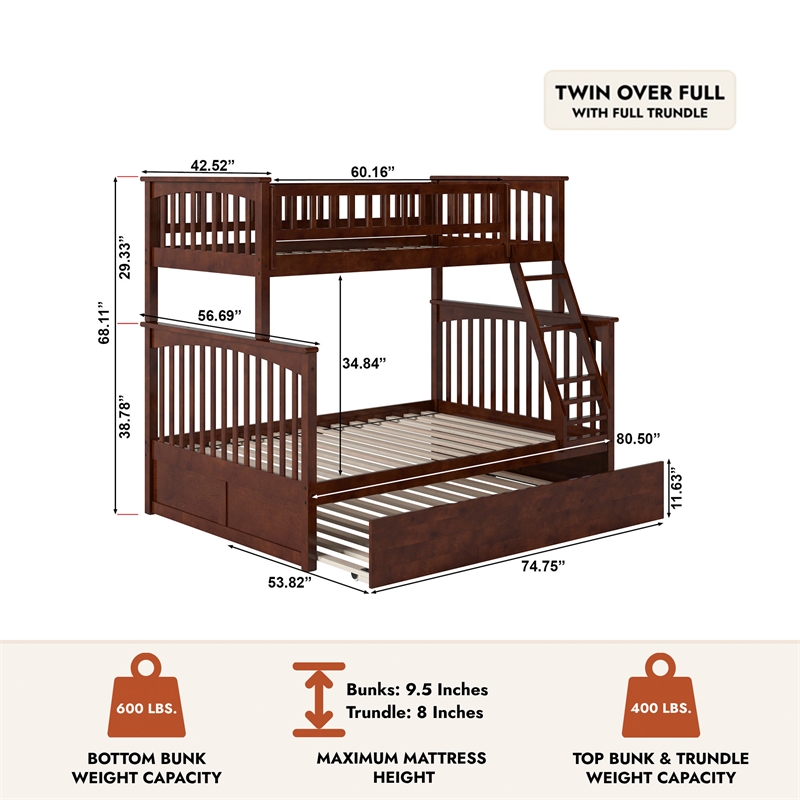 AFI Columbia Twin over Full Solid Wood Bunk Bed with Trundle in Walnut
