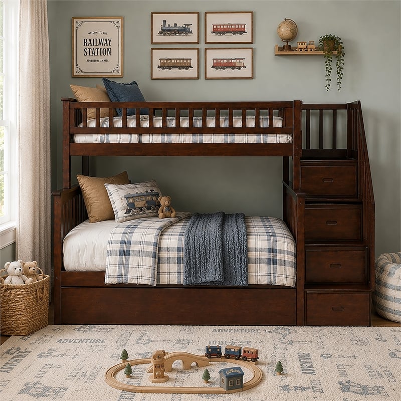 AFI Columbia Twin Over Full Wood Staircase Trundle Bunk Bed in Walnut