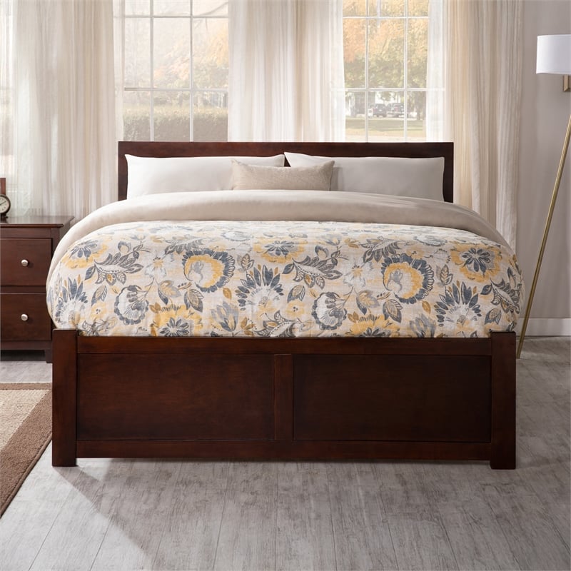 Orlando Full Wood Platform Bed with Footboard and Full Trundle in Walnut