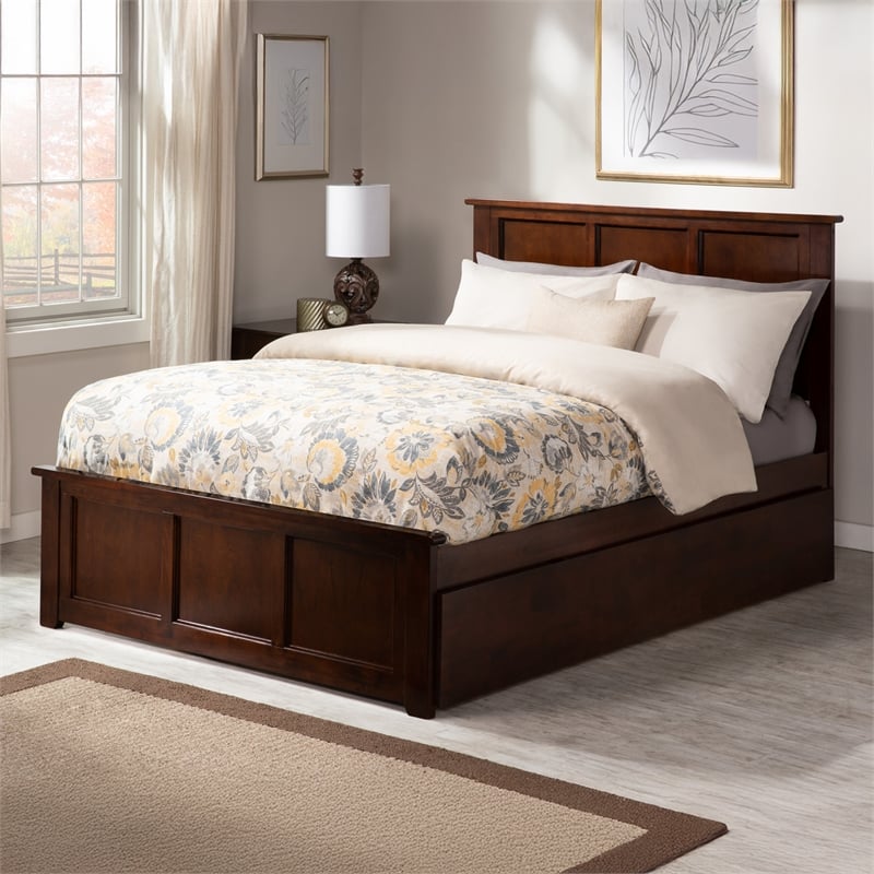 Madison Full Platform Bed with Matching Footboard and Full Trundle in Walnut