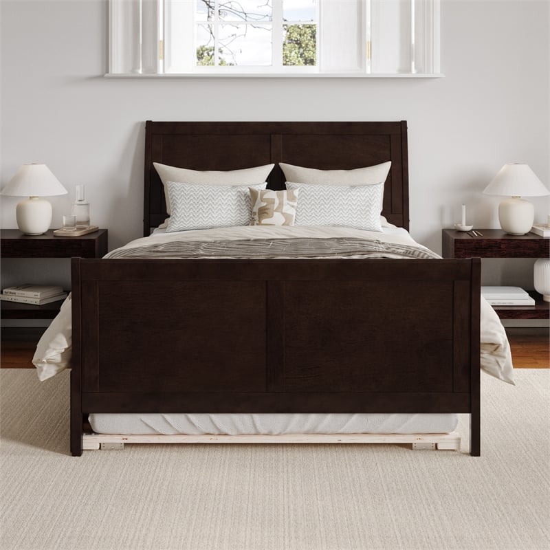 Portland Full Wood Platform Bed with Matching Footboard & Trundle in Espresso