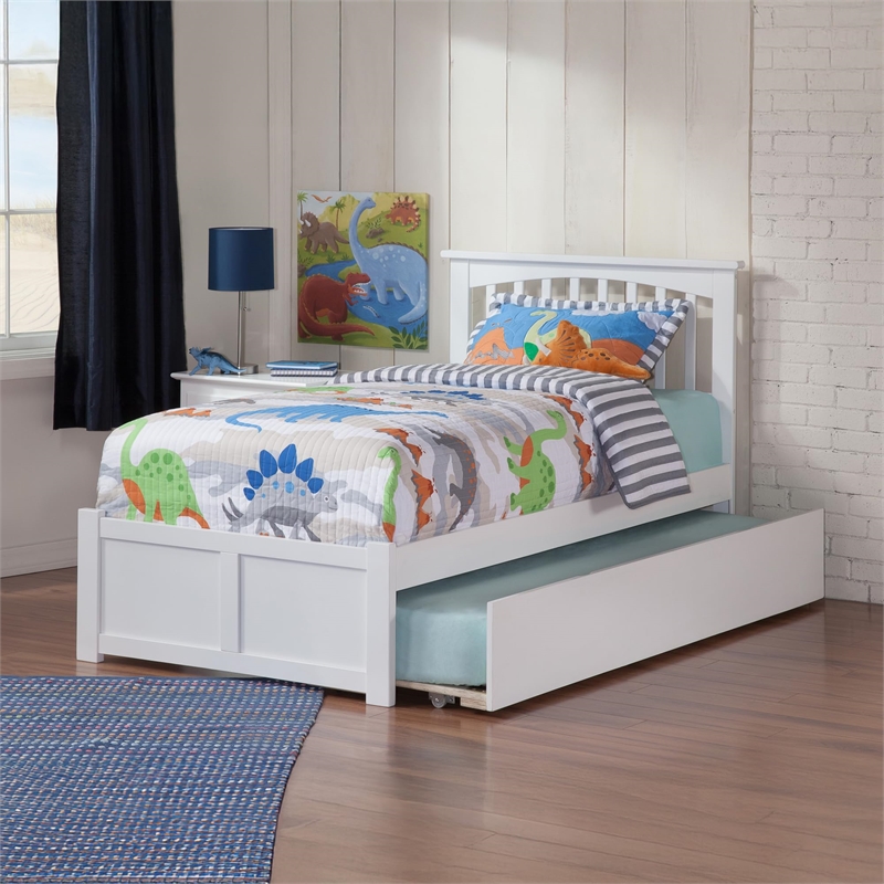 Mission Twin XL Wood Platform Bed with Footboard and Twin XL Trundle in White