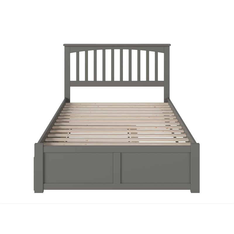 Mission Queen Wood Platform Bed with Footboard and Twin XL Trundle in Grey