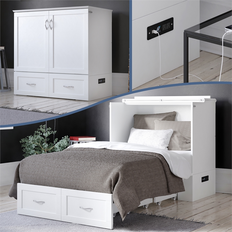 AFI Hamilton Twin XL Solid Wood Murphy Bed Chest with Built-In Charger in White