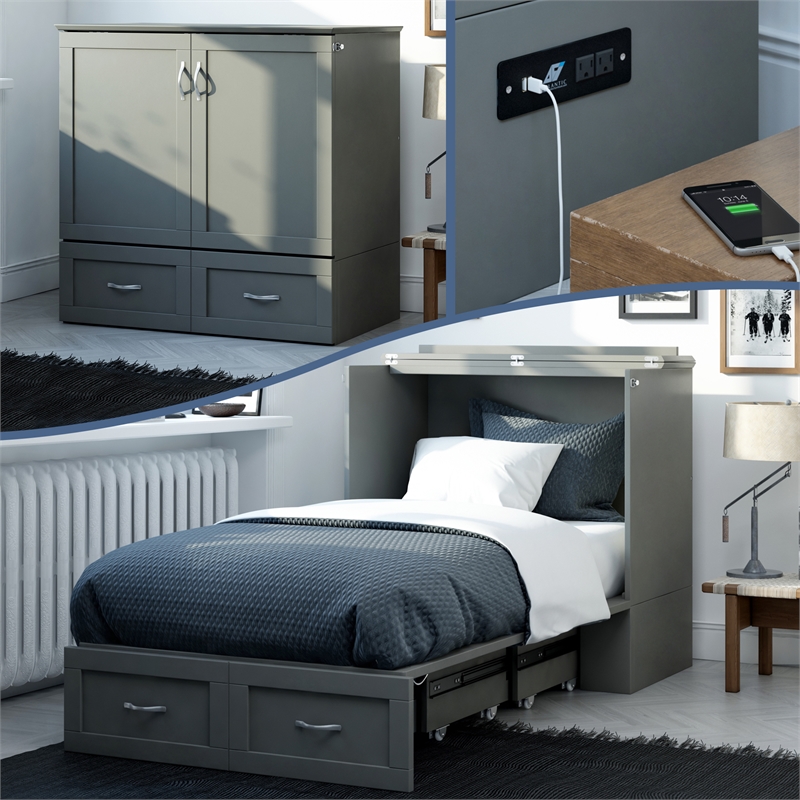 AFI Hamilton Twin XL Solid Wood Murphy Bed Chest with Built-In Charger in Gray