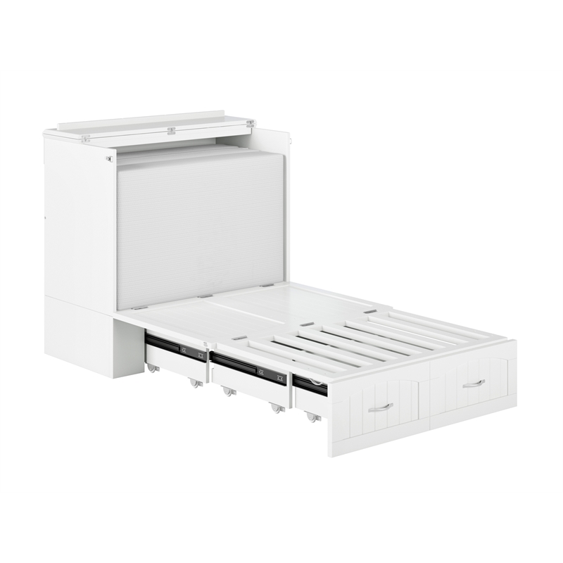 Southampton Twin XL Wood Murphy Bed Chest w Mattress & Built-in Charger in White