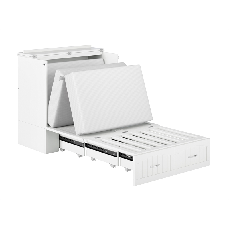 Southampton Twin XL Wood Murphy Bed Chest w Mattress & Built-in Charger in White