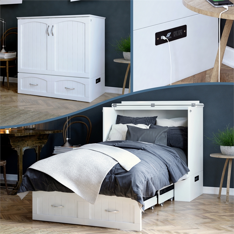 Southampton Twin XL Wood Murphy Bed Chest w Mattress & Built-in Charger in White