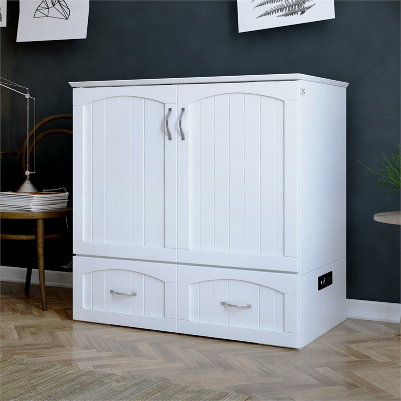 Southampton Twin XL Wood Murphy Bed Chest w Mattress & Built-in Charger in White
