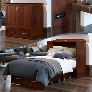 Southampton Twin XL Wood Murphy Bed Chest w Mattress and Built-in Charger Walnut