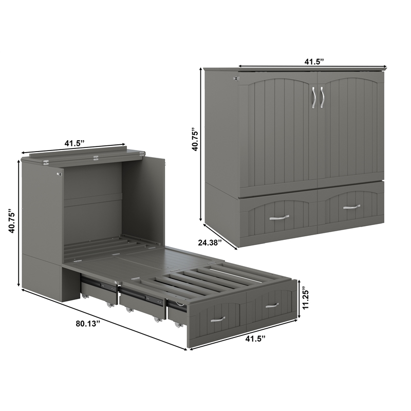 Southampton Twin XL Wood Murphy Bed Chest w/ Mattress & Built-in Charger in Gray