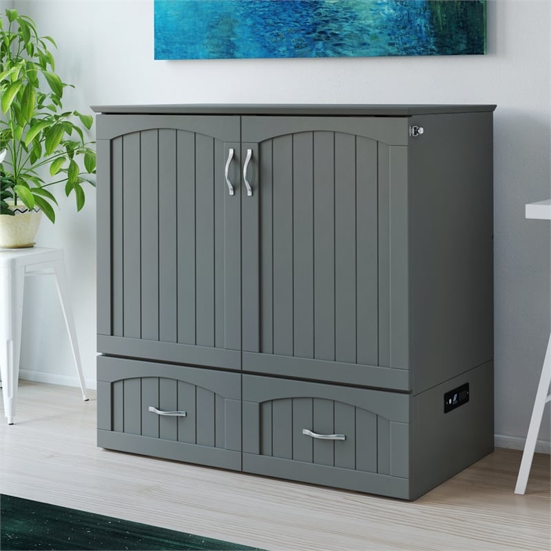 Southampton Twin XL Wood Murphy Bed Chest w/ Mattress & Built-in Charger in Gray