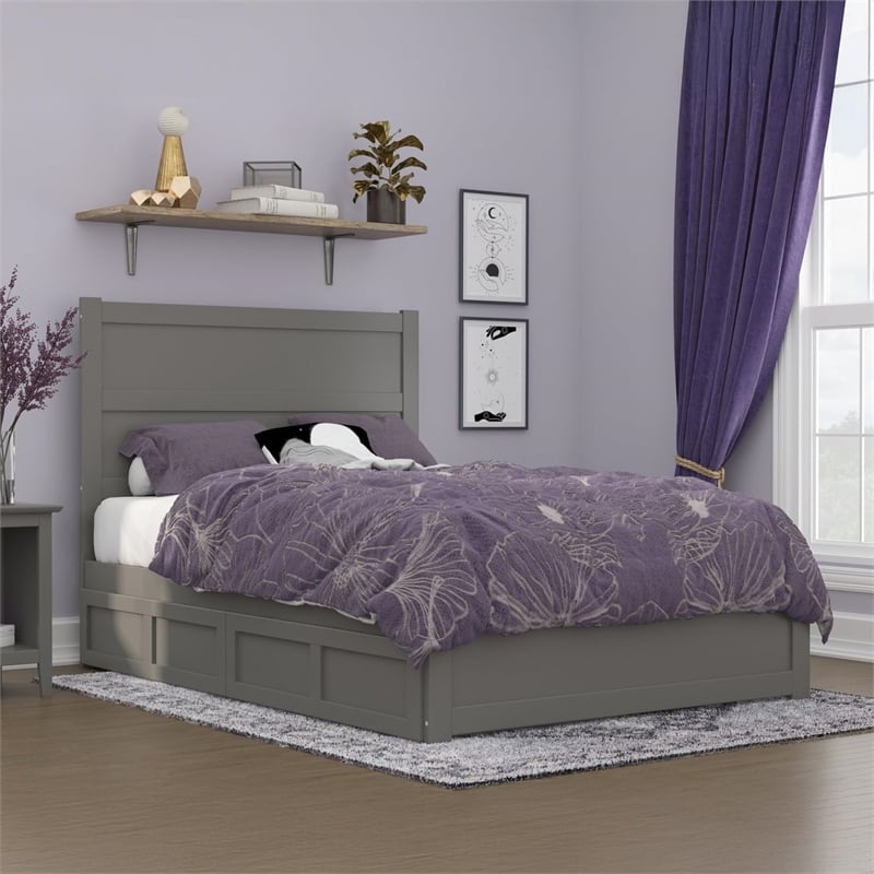 AFI NoHo Wood Full Bed with Footboard and 2 Drawers in Grey
