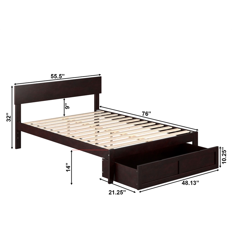 AFI Boston Modern Wood Full Bed with Foot Drawer in Espresso