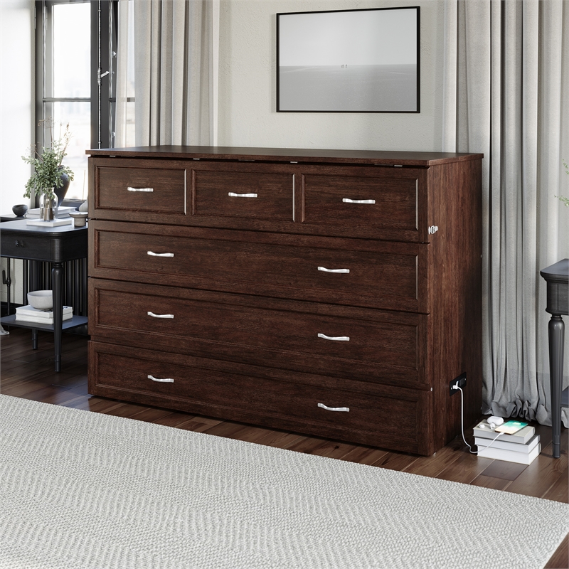 Northfield Queen Solid Wood Modern Murphy Bed Chest with Mattress in Burnt Amber