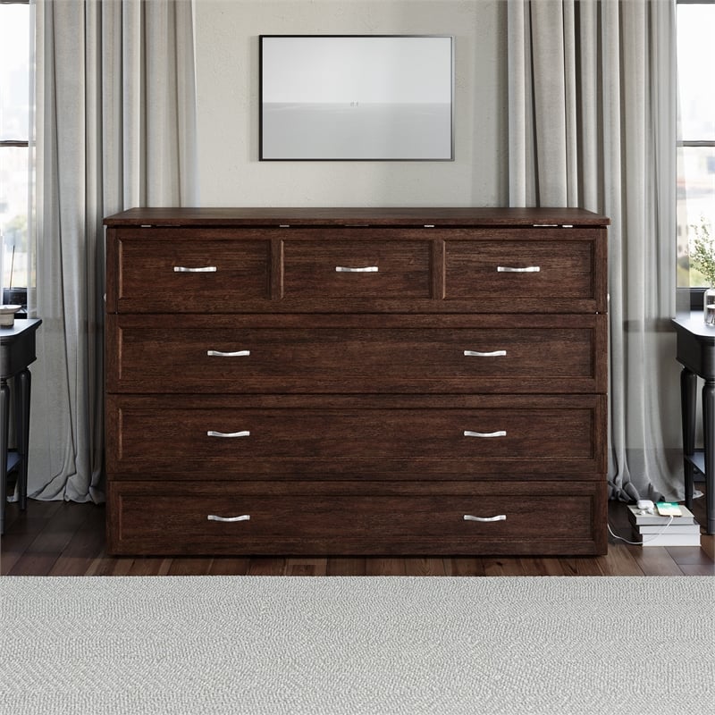 Northfield Queen Solid Wood Modern Murphy Bed Chest with Mattress in Burnt Amber
