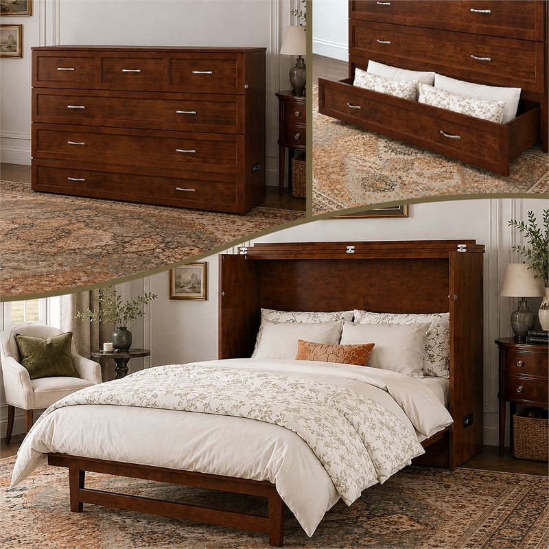 Northfield Queen Solid Wood Modern Murphy Bed Chest with Mattress  in Walnut