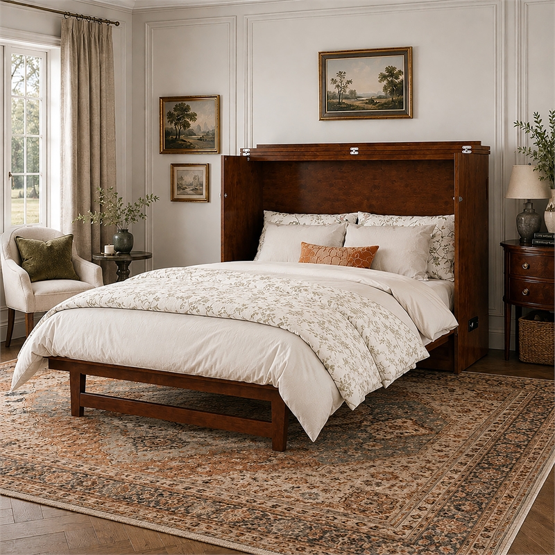 Northfield Queen Solid Wood Modern Murphy Bed Chest with Mattress  in Walnut