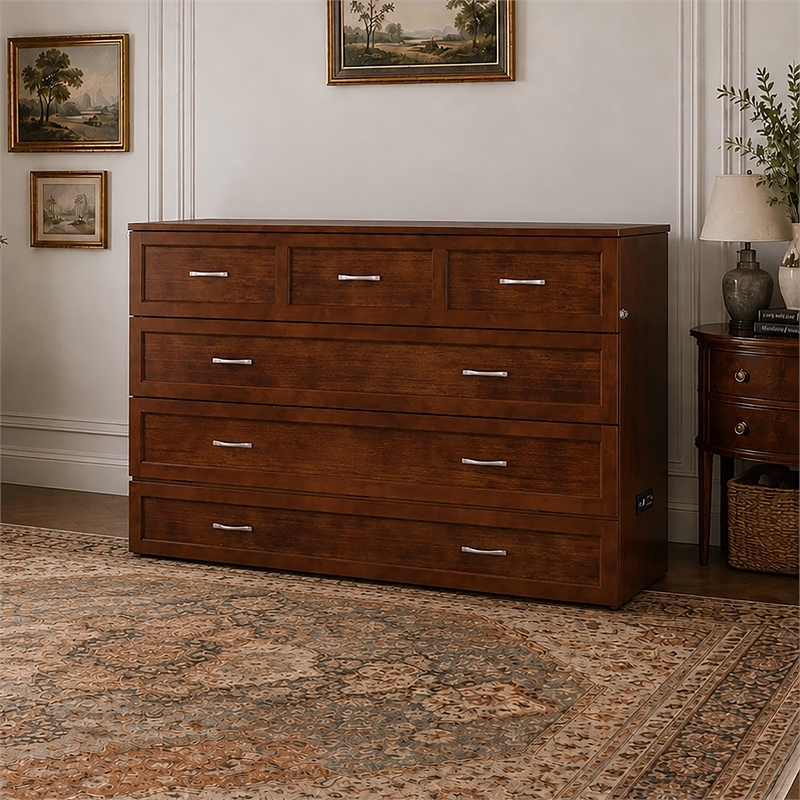 Northfield Queen Solid Wood Modern Murphy Bed Chest with Mattress  in Walnut