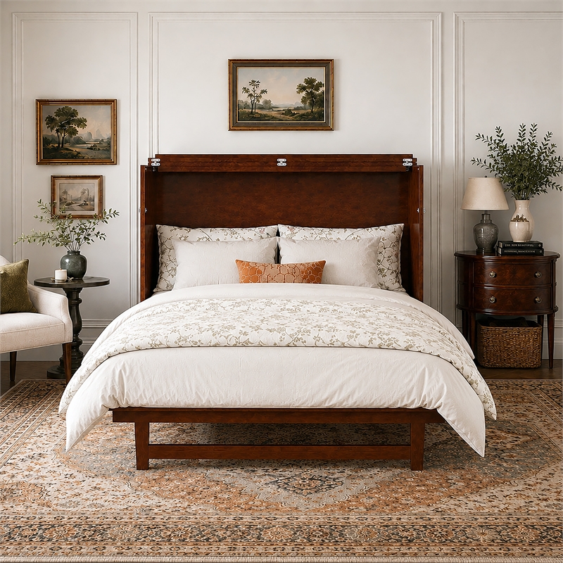 Northfield Queen Solid Wood Modern Murphy Bed Chest with Mattress  in Walnut