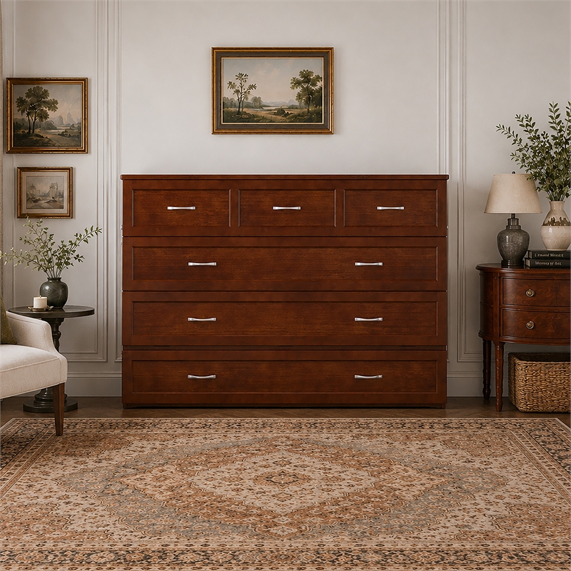 Northfield Queen Solid Wood Modern Murphy Bed Chest with Mattress  in Walnut