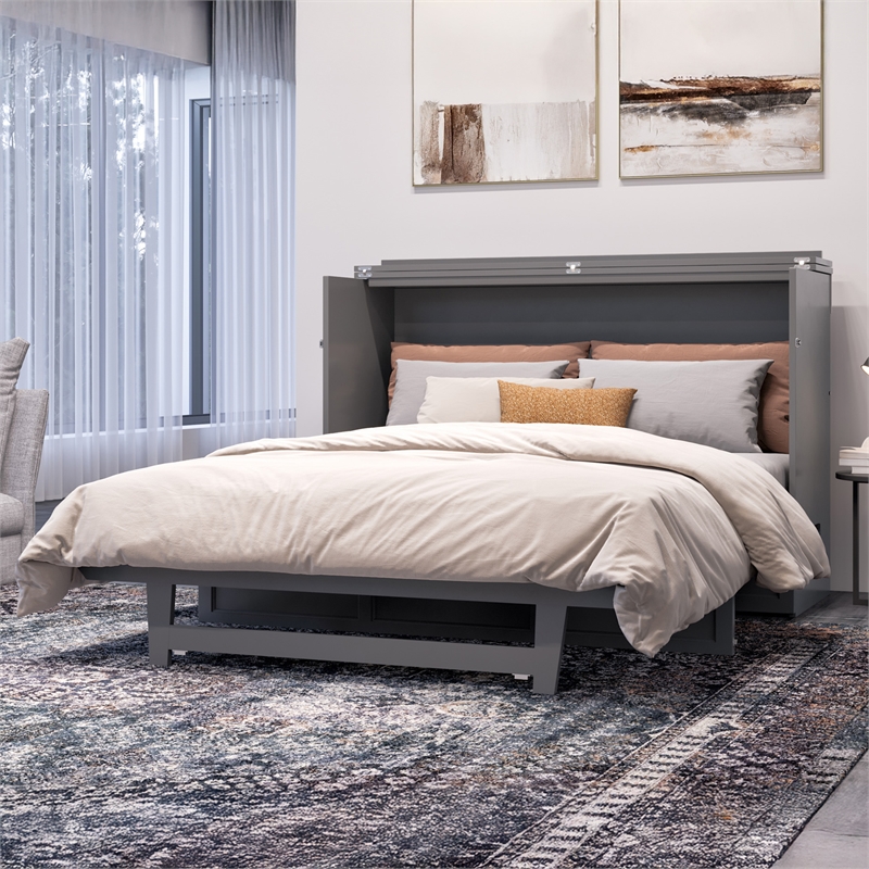 Northfield Queen Solid Wood Modern Murphy Bed Chest with Mattress in Gray