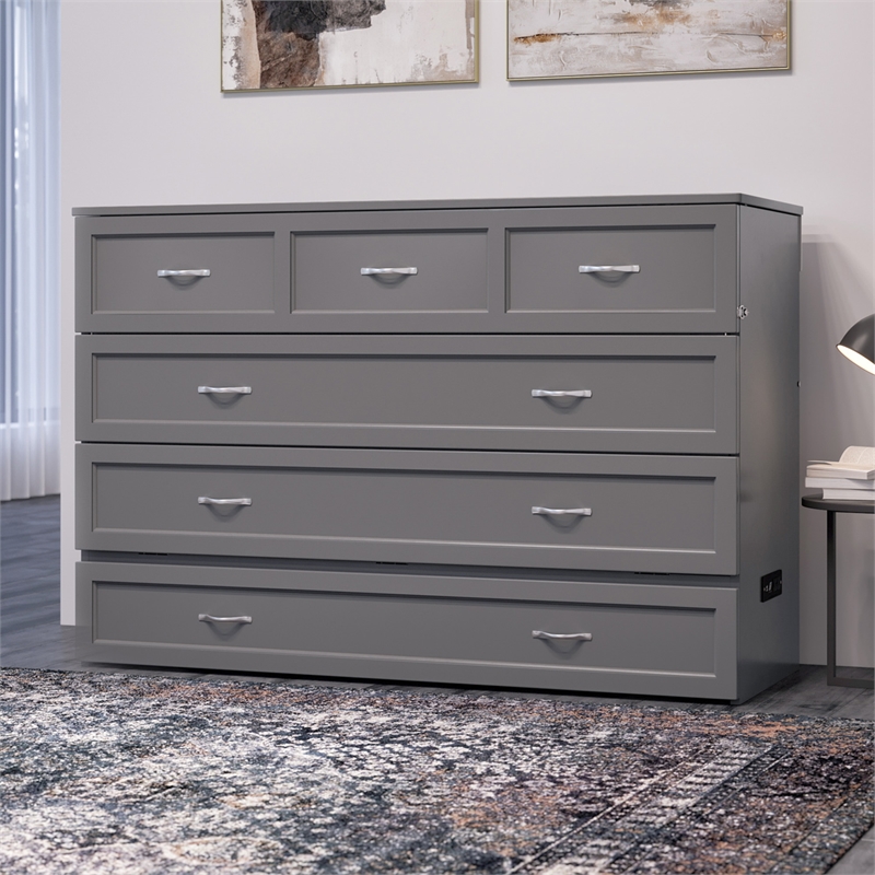Northfield Queen Solid Wood Modern Murphy Bed Chest with Mattress in Gray