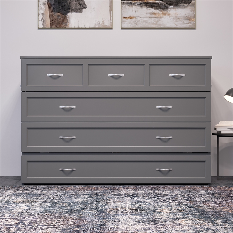 Northfield Queen Solid Wood Modern Murphy Bed Chest with Mattress in Gray