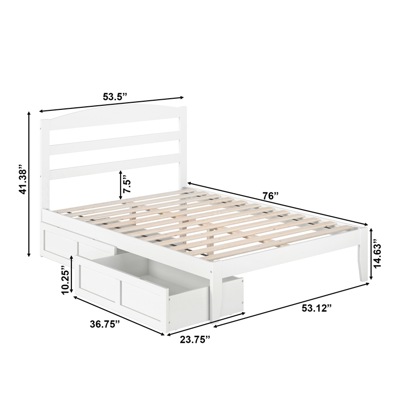 AFI Warren Solid Wood Full Bed with 2 Storage Drawers in White