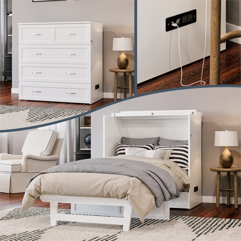 Northfield Twin XL Solid Wood Modern Murphy Bed Chest with Mattress in White