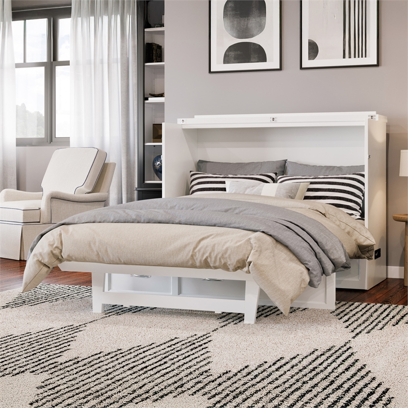 Northfield Full Solid Wood Modern Murphy Bed Chest with Mattress in White
